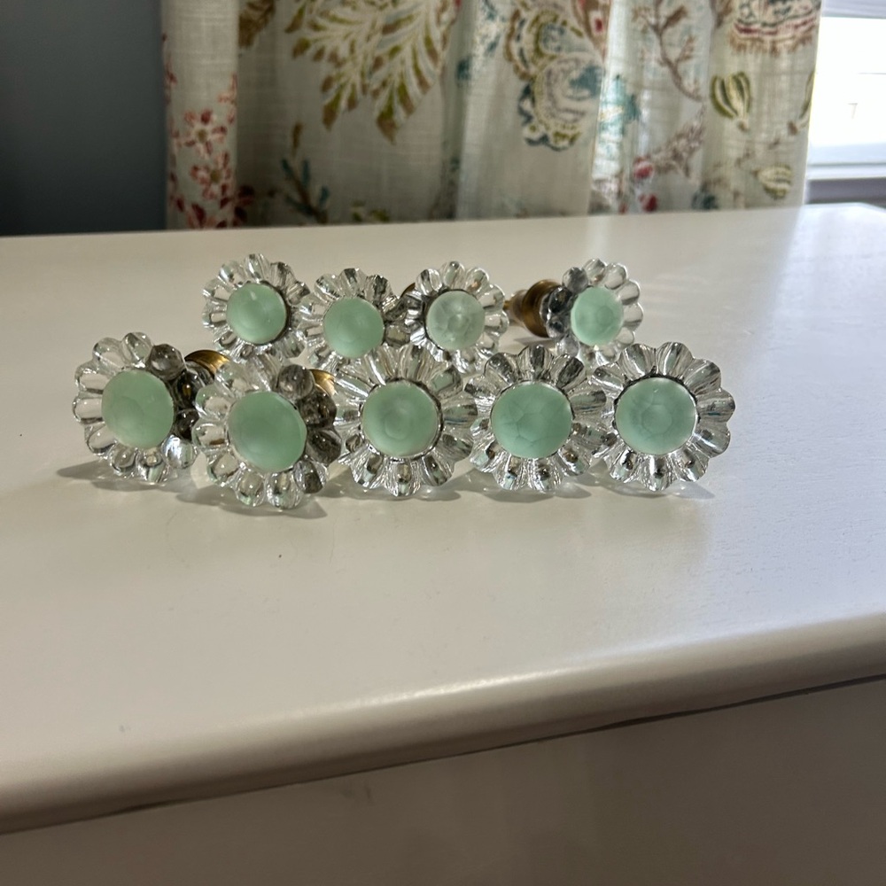 Set of 9 Anthropologie glass knobs with mint green center